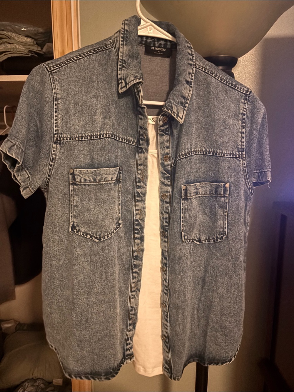 The Workshop Short Sleeve Washed Denim Button-Front Shirt (Cami not included)